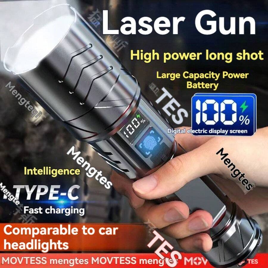 1 件 LED 手电筒，带指纹开关，数字显示，可充电，包含 USB 数据线，可调变焦，ABS 材质，适合作为送给男朋友、父亲、圣诞节、万圣节、徒步旅行、露营、散步的礼物