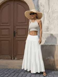 女士秋冬长款荷叶边下摆白色纹理高腰多层长裙，浪漫休闲 - 白色 - 查看 5