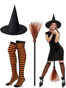 Halloween Witch Costume Set - 3 PiecesBlack Witch Hat, Striped Socks, Witch Broom - Perfect For Halloween-Themed Parties, Evil Movie Character Role-Playing Parties Accessories