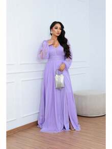 Women's Long Aurora Tulle Dress With Shiny Long Sleeves - 紫丁香 - 查看 3
