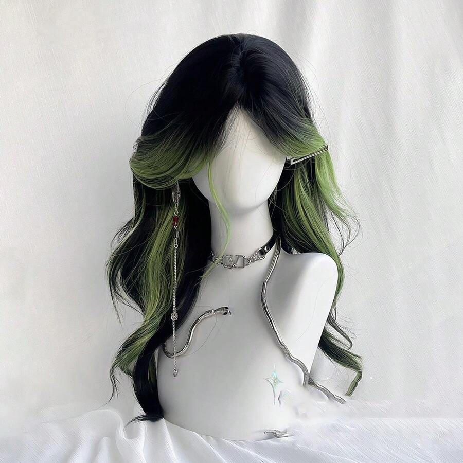 Black Wig Green Highlights Long Wavy Wig With Curtain Bangs 26 Inch Ombre Black To Green Wig Synthetic Heat Resistant For Women Daily Party Halloween Cosplay - 綠色 - 查看 1