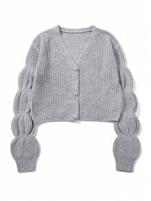 Women's Casual Loose Short Solid Color Versatile Design Petal Sleeve Button Cardigan Sweater For Spring, Autumn And Winter - Grey - View 7