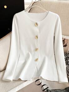 Women's French Elegant Everyday Casual Round Neck Straight Shoulder Long Sleeve Metal Button Slim Solid Color Cardigan Business Fitted Blazers Collarless Split Hem Work Office Jackets, Fall Winter - White - View 1