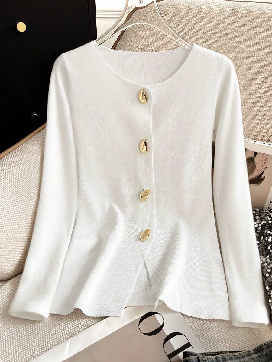 Women's French Elegant Everyday Casual Round Neck Straight Shoulder Long Sleeve Metal Button Slim Solid Color Cardigan Business Fitted Blazers Collarless Split Hem Work Office Jackets, Fall Winter - White - View 1