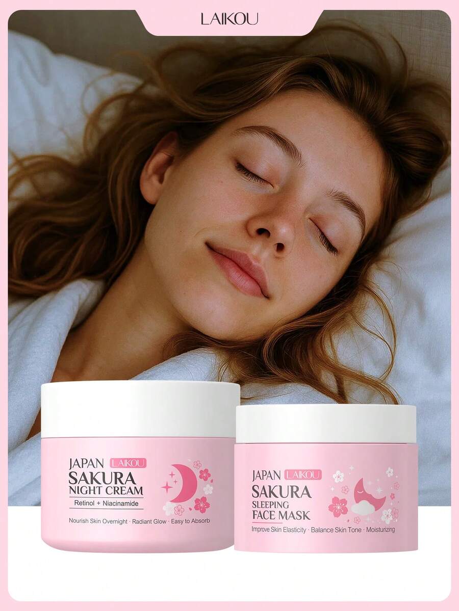 1 Bottle LAIKOU Japan Cherry Blossom Moisturizing Night Cream 30g + 1 Sheet Japan Cherry Blossom Sleeping Mask 25g, Skin Repair Facial Cream, Firming Moisturizing Lotion, Deep Nourishing Facial Moisturizer, Suitable For All Skin Types, Can Be Used For Self-Care SPA Or As A Gift For Girlfriend - NIGHT CREAM+SLEEP FACIAL MASK - 查看 1