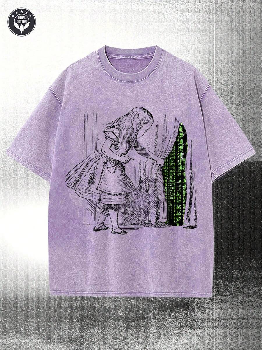 230g Water Washed, Green Printed Men's T-Shirt For Girls Opening Curtains, High-Quality Wax Printed Cotton All Season Casual T-Shirt, Perfect Gift For Streets Or Outdoors, Holiday - 紫色 - 查看 1