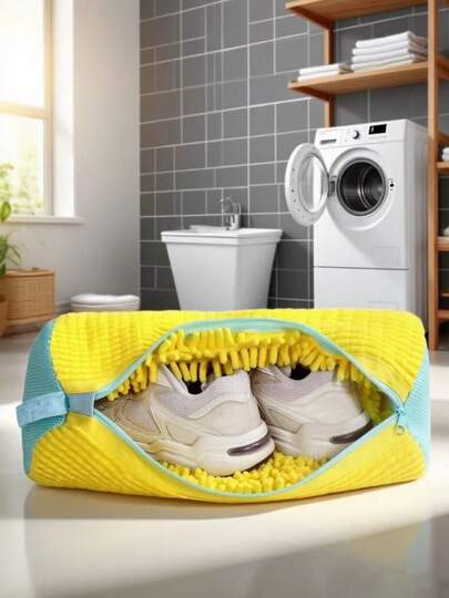 1 Stück Waschmaschinen-geeigneter Schuh-Wäschebeutel, geeignet für alle Arten - gelb mit blauem Reißverschluss, thermisch ausgekleidet um Verformung zu verhindern, ovales Design, weicher Polyester-Faser Sport- und Freizeitschuh-Wäschebeutel, Wäschebeutel