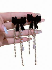 1 Pair Elegant Sweet Cute Bowknot Tassel Earrings, Suitable For Festivals, Parties, Daily Wear, Great Gift For Friends - one-size - View 3