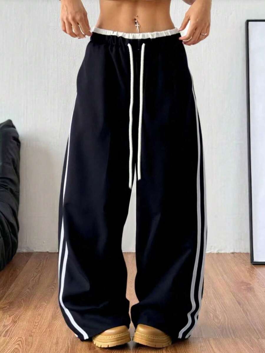 秋冬新款拼色抽绳宽松休闲裤,美式高腰直筒条纹口袋阔腿运动裤拼布宽松舞蹈运动裤 - 黑色 - 查看 1