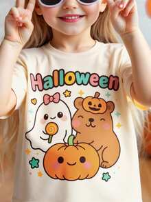 Playera infantil Halloween con estampado de fantasma, animalitos, calabaza - Albaricoque - Ver 1