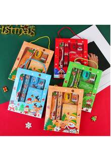 1pc Christmas Stationery Hand-Held 6-Piece Set, Primary School Gift Box Set, Children's Christmas Small Gifts, Learning Prizes, Kindergarten Includes 2 Pencils, 1 Pencil Sharpener, 1 Eraser, 1 Notepad, 15cm Ruler