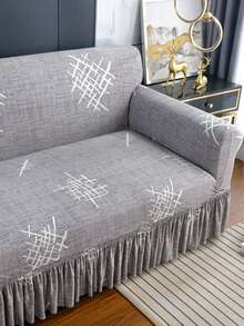 1pc Printed Ruffled Elastic Sofa Cover, Dust-Proof And Dirt-Resistant, Stretch-To-Fit Full Coverage Sofa Protector, Home Decor, Machine Washable - Grey - View 6