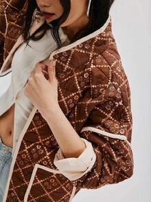 Women's Cropped Quilted Jacket Floral Printed LightWeight Padded Puffer Cardigan Coat Outwear - 巧克力棕 - 查看 3
