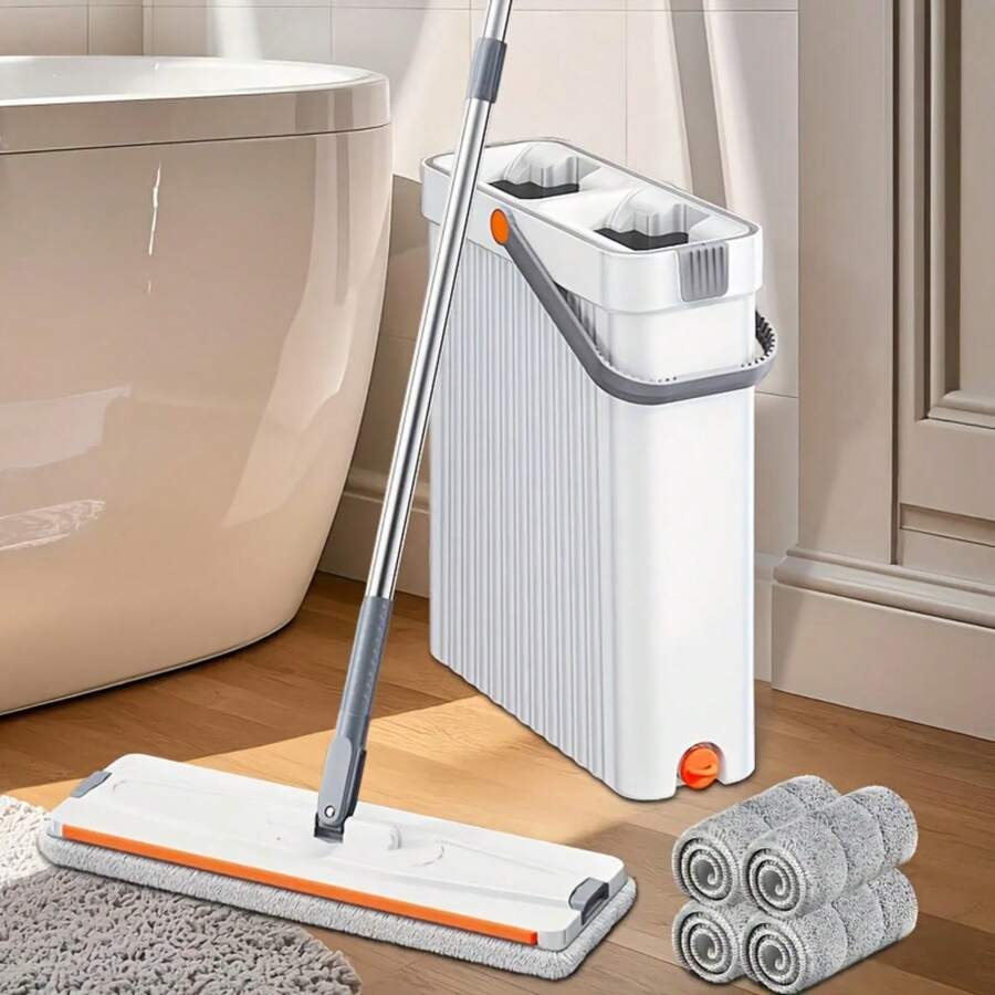 Mop And Bucket Set With Wringer For Home, 360° Flat Squeeze Mop With Long Handle And 6 Microfiber Cloths For Floor Cleaning (White, Slim Bucket And 15.7'' Aluminum Alloy Mop Head) - 白色 - 查看 1