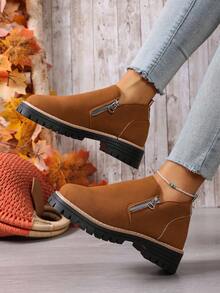 Bottes de cheville à semelle épaisse rétro pour femmes, automne/hiver. Bottes de cheville de mode sportive de couleur unie avec fermeture éclair latérale. Mocassins plats pour femmes à porter à l'intérieur et à l'extérieur, printemps et automne. - Tabac - Voir 4