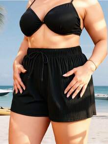 Swim Lushoire Summer Beach Plus Size Women's Adjustable Waist Tie Pocket Swim Bottom - Black - View 5
