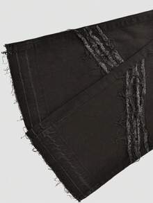Y2K 90s Streetwear Distressed Denim Jeans With Diagonal Pockets, High Stretch, Frayed Edges, Unique Fringed Patchwork Design, Hip Hop Style - Black - View 7