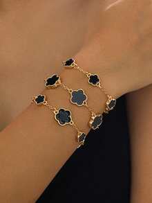 3pcs/Set Gelang Charm Klasik Mewah Berwarna Hitam & Clover untuk Wanita, Dapat Ditumpuk & Serbaguna untuk Musim Gugur/Dingin - Hitam - View 3