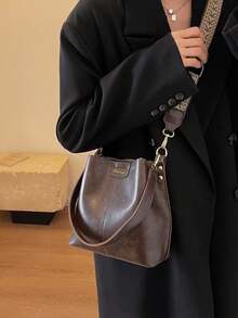 Mini Summer Fashion Texture Solid Color PU Bucket Bag Retro Versatile Women's Shoulder Bag - Coffee Brown - View 7