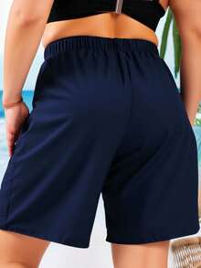 Swim Lushoire Plus Size Women Solid Color Knee Length Beach Shorts For Summer Beach Vacation - Navy Blue - View 2