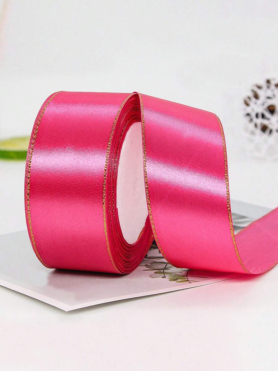 1.5 Inch Wide 25 Yards Electric Blue Satin Ribbon With Golden Edges - Durable High-Quality Vinyl/Plastic/Polyurethane Ribbon For Gift Wrapping, DIY Crafts, Christmas Decor, Wreaths, Bows, Invitations, Ribbon For Gifts, Wreath Making, Elegant Design, Smooth Texture, Craft Projects, Party - 玫紅色 - 查看 1