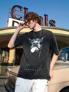 Laixton Men's Pattern T-Shirt Unisex Cotton Oversized T-Shirt Short Sleeve Retro Streetwear Casual T-Shirt Top Comfortable Washed Cotton T-Shirt - 大狗黑 - 查看 5