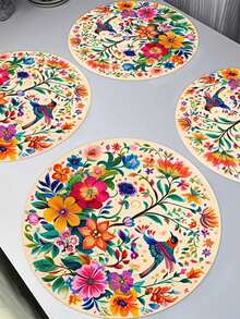 6pcs/Set Vibrant Mexican Style Floral & Hummingbird Round Placemats, 14.5 Inch Linen Material, Colorful Flower & Hummingbird Pattern - Perfect For Parties, Kitchen And Dining Room Decor, Adding Bright Colors To Your Party Table - Multicolor - View 1