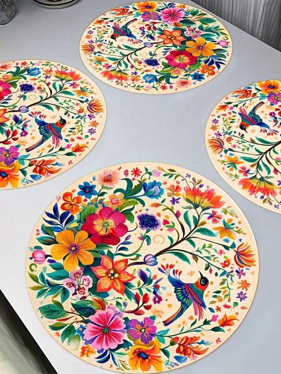 6pcs/Set Vibrant Mexican Style Floral & Hummingbird Round Placemats, 14.5 Inch Linen Material, Colorful Flower & Hummingbird Pattern - Perfect For Parties, Kitchen And Dining Room Decor, Adding Bright Colors To Your Party Table - Multicolor - View 1