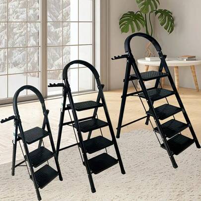 1pc Heavy-Duty 3/4/5-Step Folding Ladder With 500lb Capacity, Lightweight Portable Step Stool, Collapsible Step Stool For Kitchen, Garage, Closet - Heavy Duty Metal Construction, Space-Saving Design For Home DIY &, Garage Storage (Black)