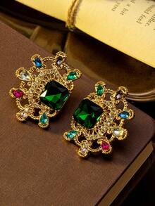 A Pair Of Vintage Generous Small Droplet Shaped Inlaid Colored Earrings Suitable For Women's Daily Wear, A Gift For Mothers, Wives, And Friends, And A Ball Accessory