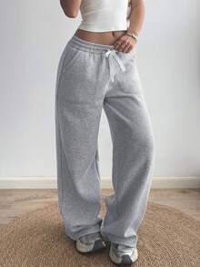Women's Wide Leg Straight Leg Sweatpants, Y2K Casual Pants With Slant Pockets And Stretch Waist For Comfy Daily Wear - Xám - Xem 3