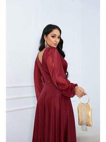 Women's Long Aurora Tulle Dress With Shiny Long Sleeves - 紅木色 - 查看 5