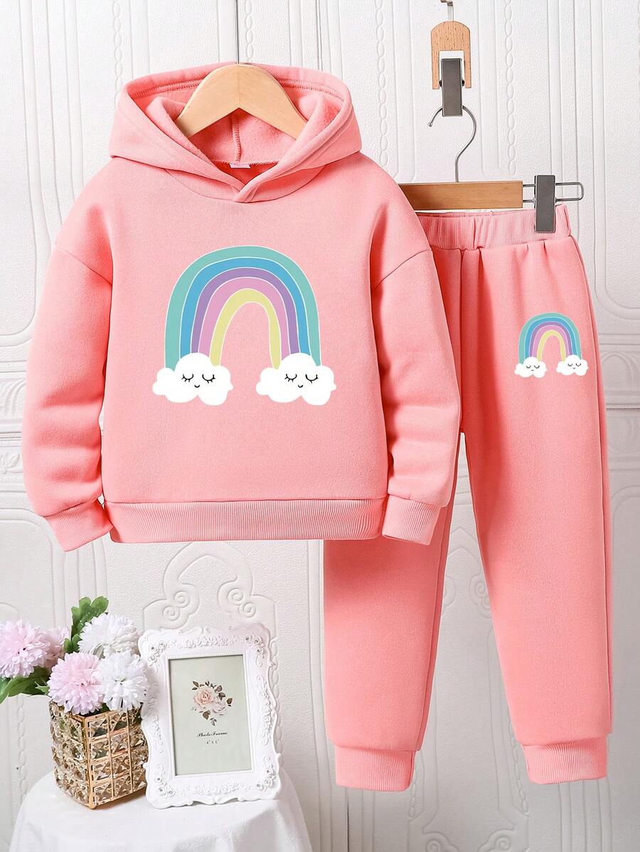 Youth Girl Rainbow Print Warm Hoodie And Sweatpants Set - Pink - View 1