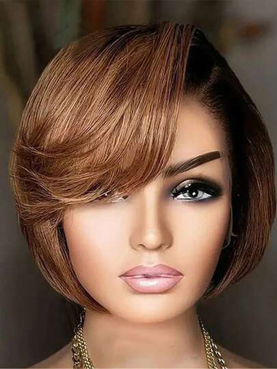 短款假发真人发 13x4 蕾丝前片短发精灵短发假发酒红色真人发短款透明蕾丝前片假发真人发直发短款假发适合女士 150% 密度万圣节服装