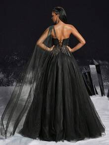 Vestido de noche largo asimétrico de malla para mujer VIPGIRL - Negro - Ver 2