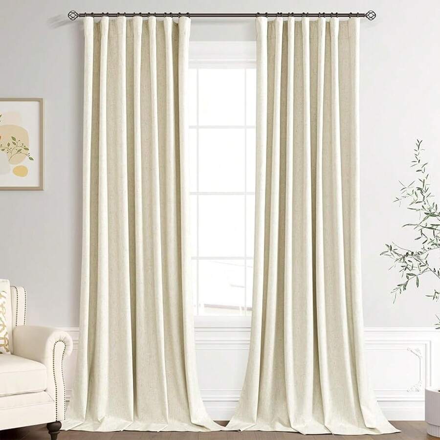 Beige Linen% Blackout Curtains 84 Inch Long, Rod Pocket/Back Tab/Hook Belt/Clip Rings, Thermal Insulated Drapes Bedroom Living Room With Hooks (1 Panel, 60 X 84), Stylish Window Treatments - Warm Beige - 查看 1
