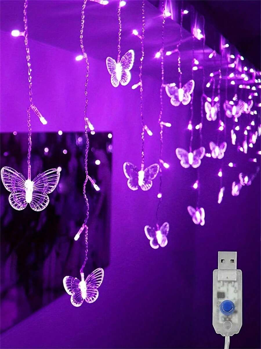 1入創意USB供電蝴蝶窗簾燈串燈,懸掛式蝴蝶窗簾燈條,8段可調光模式,適用於臥室、牆面、門簾、婚禮裝飾、節日與萬聖節派對佈置,房間、花園、牆壁、天花板、派對、婚禮、聖誕節蝴蝶懸掛裝飾 - 白色 - 查看 1