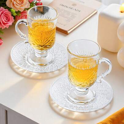6pcs Set, Turkish Tea Cup Set, Gold Foil Moroccan Tea Cups Arabic Elegant Drinkware Set, Includes 6 Cups, 6 Saucers With Gold Coffee Spoons, Suitable