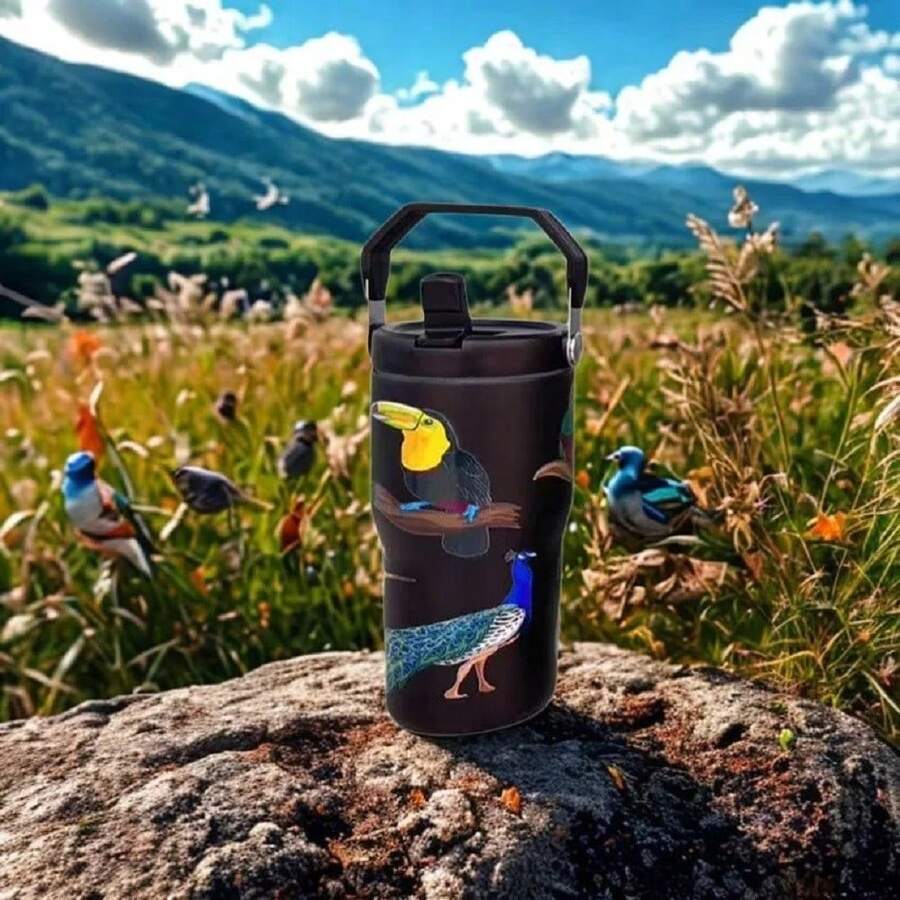 900ML Cup Toucan Pattern Bottle With Cartoon Handle Stainless Steel Large Capacity Thermal Insulation Vacuum Car Water Cup Suitable For Sports, Wedding, Business, Home, Car, Office, Outdoor, Travel, Gifts, School And Other Festivals - Preto - 查看 1