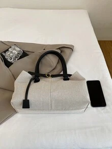 1 pieza Bolso de lona de gran capacidad con parches y decoración de correa negra para mujeres - Negro - Ver 5