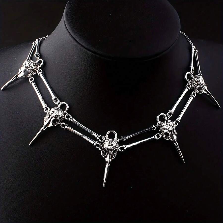 Gothic Alloy Bird Skull Necklace - 銀色 - 查看 1