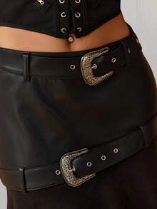 Elegant Black Skirt PU Leather Double Belt Buckle Decor Asymmetrical Ruffle Hem Bodycon Mini Skirts With Hidden Zipper Business Casual Women Clothes Halloween Costumes - Black - View 5