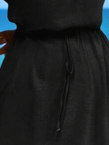Swim Lushoire Plus Size Women Summer Beach Shoulder Drawstring V-Neck Solid Color Short Sleeve Cover Up Dress - Black - View 3