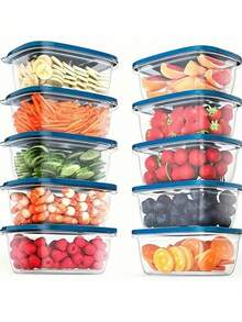 10pcs Transparent Plastic Food Storage Containers With Blue Lids, Stackable And Reusable, Ideal For Kitchen Organization, Suitable For Storing Grains, Meat, Fruits And Vegetables, Dishwasher And Microwave