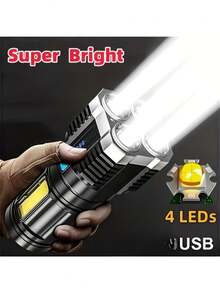 1 件 LED 手电筒，带 COB 侧灯，4 个 LED 手电筒，4 种模式，USB 可充电防水 LED 手电筒，露营工具，圣诞礼物，电池：400mAh - 彩色 - 查看 2