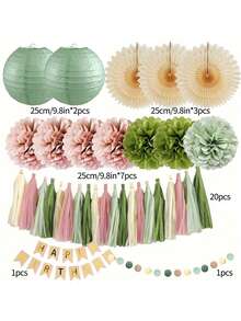 34pcs Olive Green And Pink Birthday Decorations, Including Green And Pink Tassel Garland, Paper Lanterns, Paper Flowers, Paper Fans, Suitable For Summer Weddings, Bridal Showers, Graduations, Birthdays, Weddings, Graduation Parties, Daily And Christmas Decorations - Multicolor - View 4