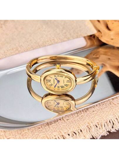 1pc Oval Bathtub Alloy Bangle Watch, Roman Numeral Dial, Elegante Petite Quartz Horloge Bracelet, Easy To Wear view 4