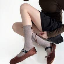 2 Pairs Of Fashionable Versatile Calf Socks For Autumn And Winter, Vertical Stripes, Mid Tube Socks, Simple Heel Calf Socks, Wide Stripes, Stacked Socks, Versatile, Solid Color - 淺灰底灰結 - 查看 1