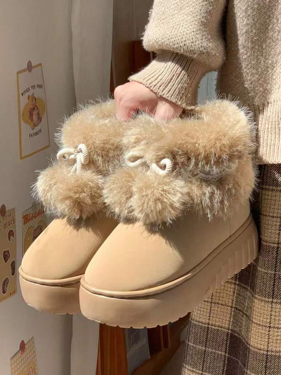 1 双女式 EVA 厚底毛绒蕾丝双球内衬防滑平底休闲保暖雪地靴，适合秋冬季 - 米色 - 查看 1