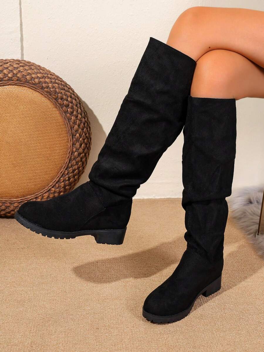 女士及膝褶皱靴，厚底宽松牛仔高筒靴，新款秋冬复古绒面西部靴，黑色及膝马靴 - 黑色 - 查看 1